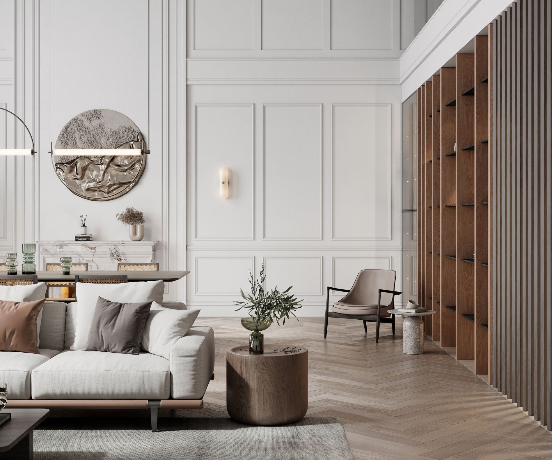3D rendering of a luxurious apartment interior by an interior decorator in Raleigh, NC, showcasing elegant design elements.