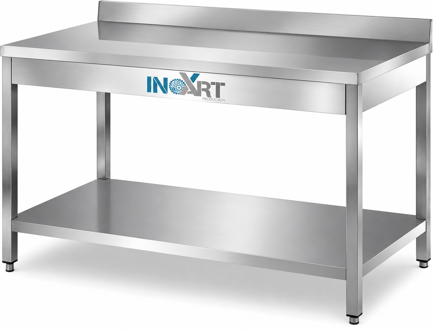 Tavolo in acciaio inox con ripiano inferiore e alzatina