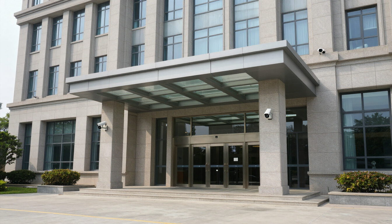 Government building entrance with security cameras