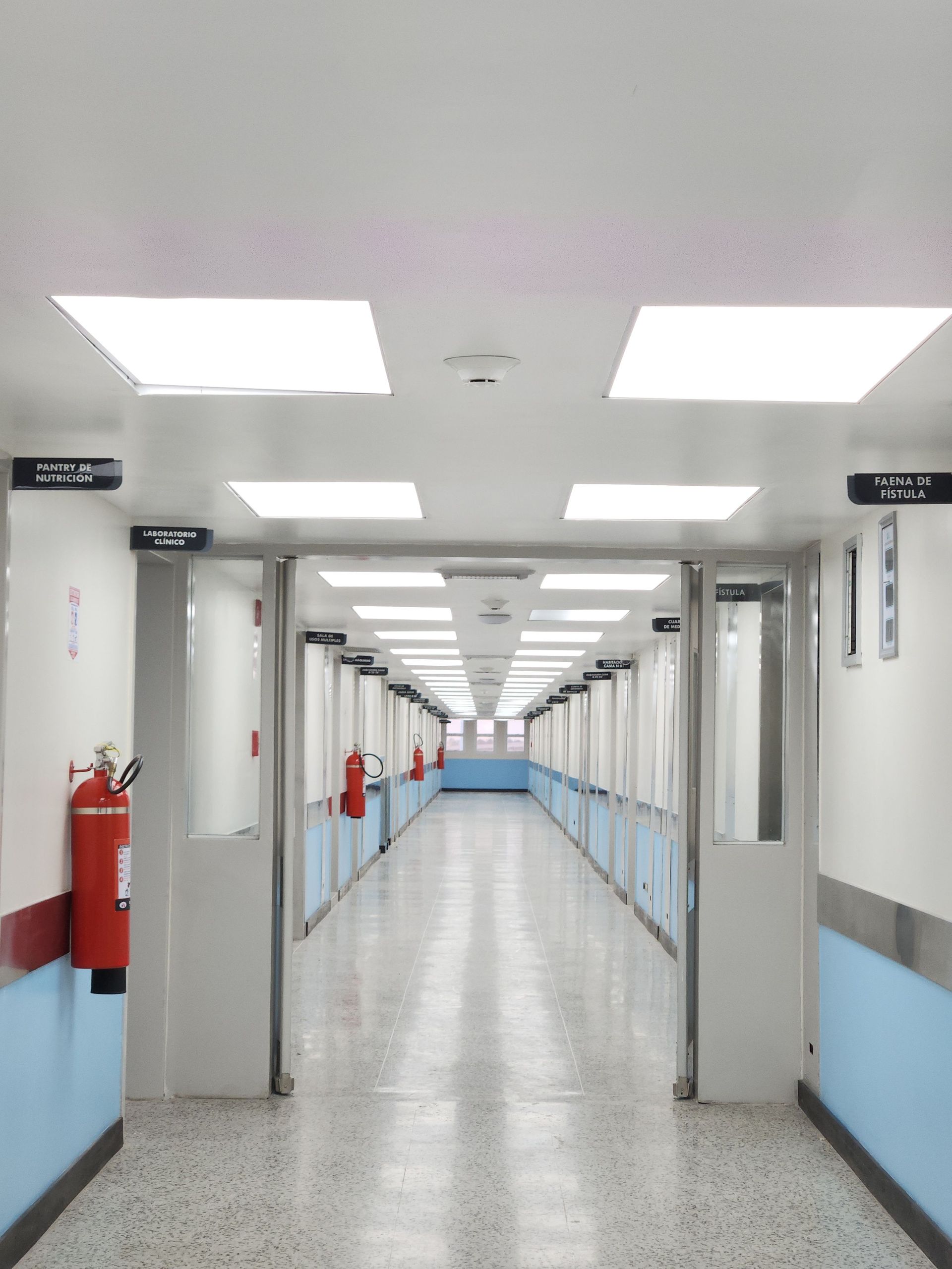 Hospital corridor with security cameras