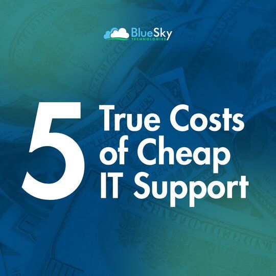 Blue background graphic reading “5 True Costs of Cheap IT Support” with BlueSky logo