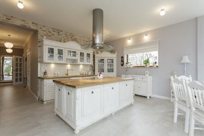 There is a large island in the middle of the kitchen.