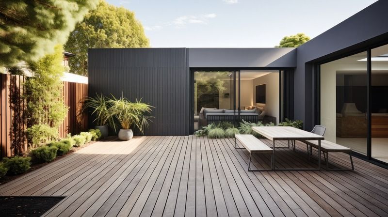 A patio with a table and benches in front of a house