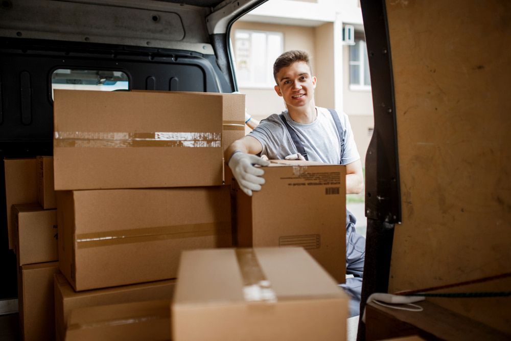 A Man Is Loading Boxes Into The Back Of A Van — Newcastle Moving & Storage in Salt Ash, NSW