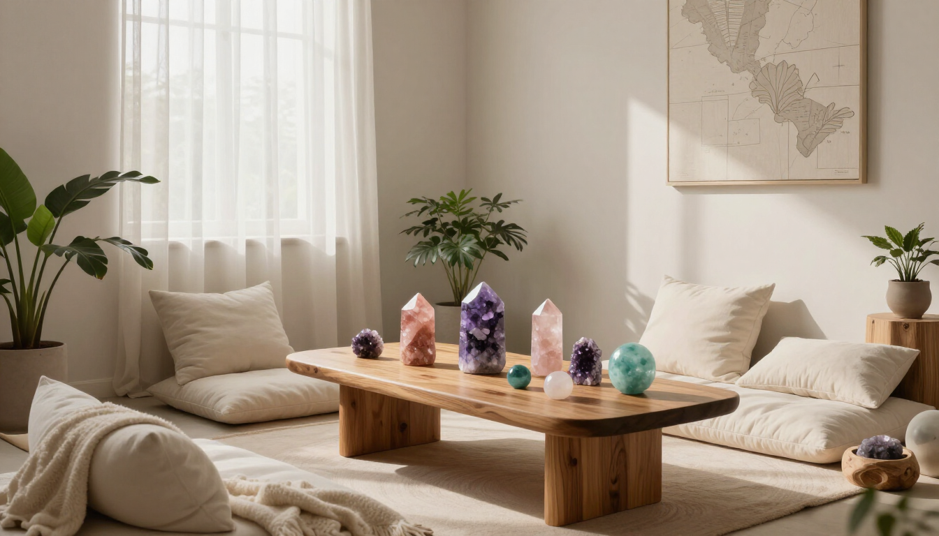 Serene healing room with crystals and soft lighting.