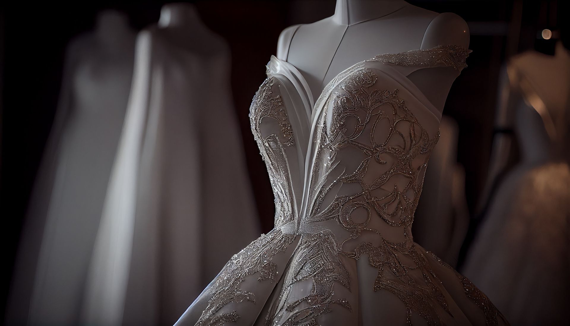 White beaded wedding dress on a mannequin in a dimly lit atelier, with other dresses blurred in the background.