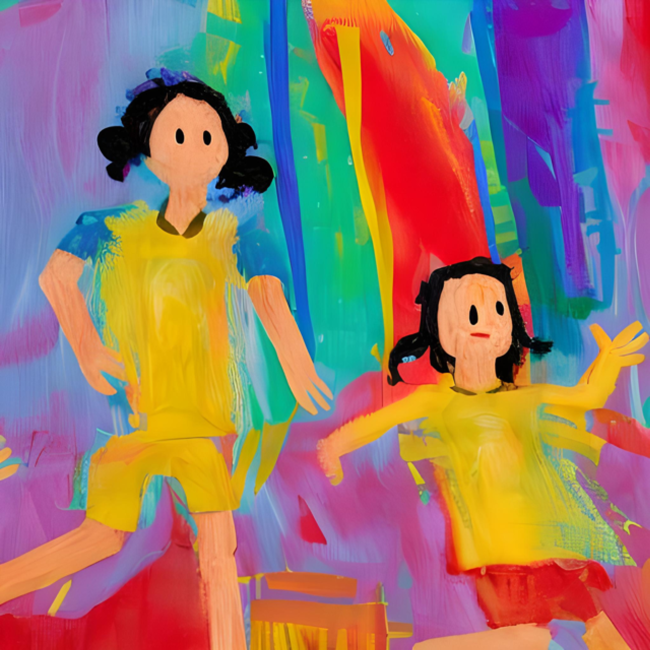 Two figures in yellow shirts in front of a colorful backdrop. One stands, the other is on the ground with arms outstretched.