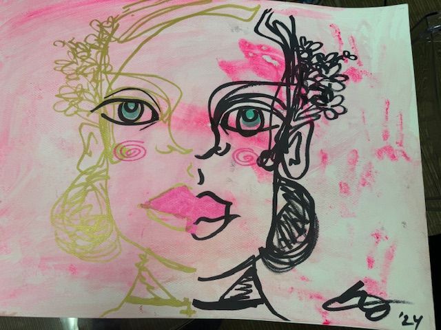 Abstract face with black and gold lines, pink background, floral accents.