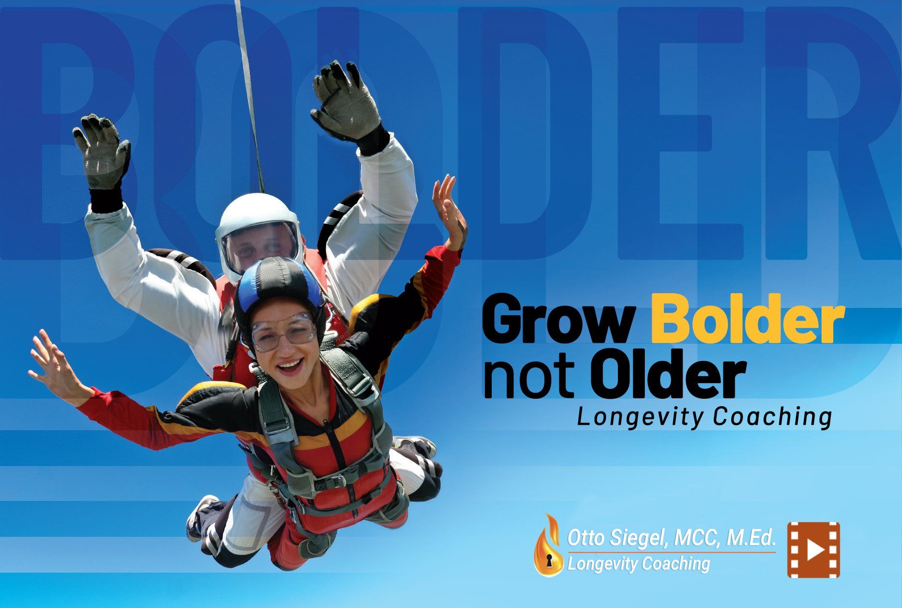 Woman tandem skydiving with instructor; blue sky; text
