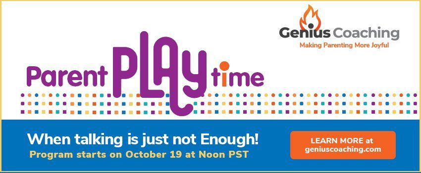 Parent Playtime program advertisement. Blue and orange color scheme. Announces program starts Oct 19 at Noon PST.