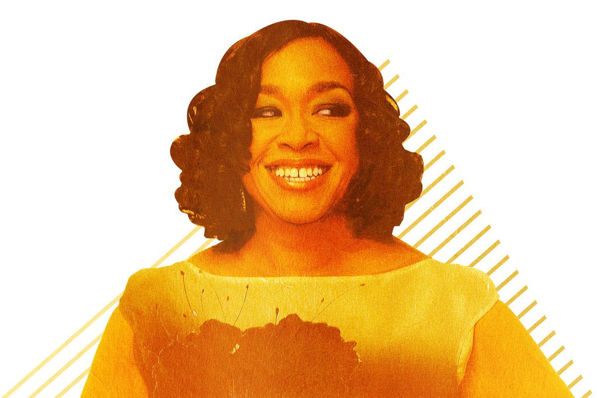 Woman smiling, with dark curly hair, and yellow-toned dress on a white background with yellow diagonal lines.