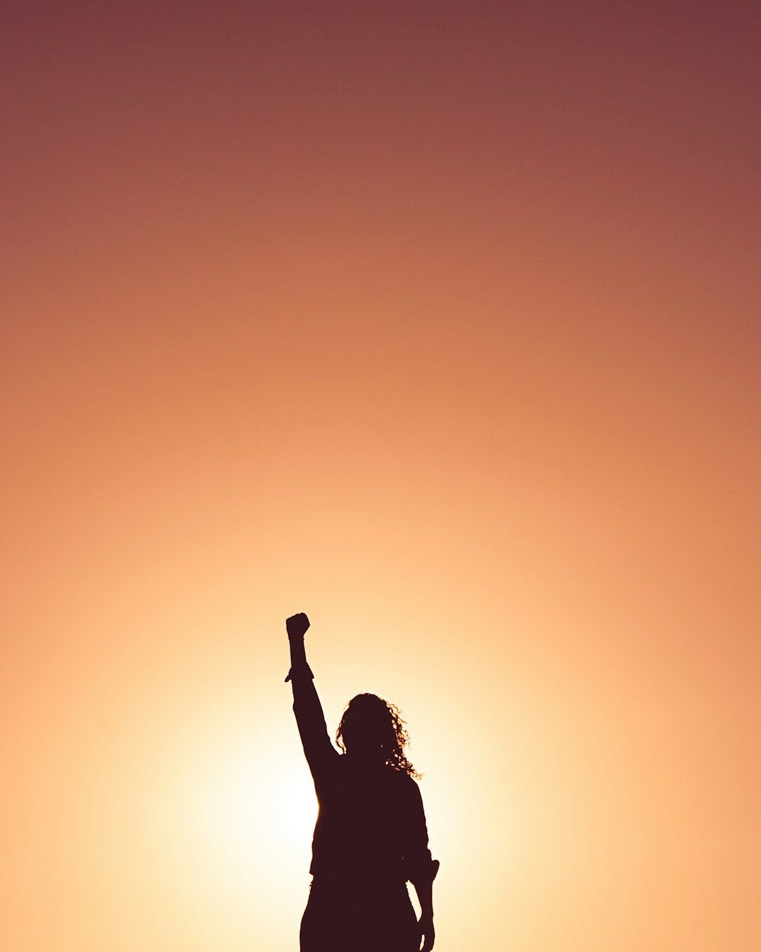 Silhouette of person raising fist in front of a warm, orange sky.