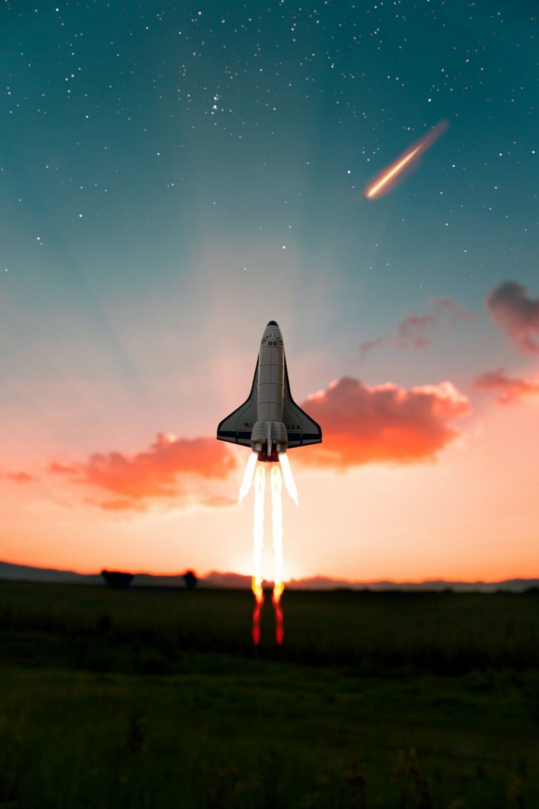 Space shuttle taking off at sunset with a meteor in the starry sky.
