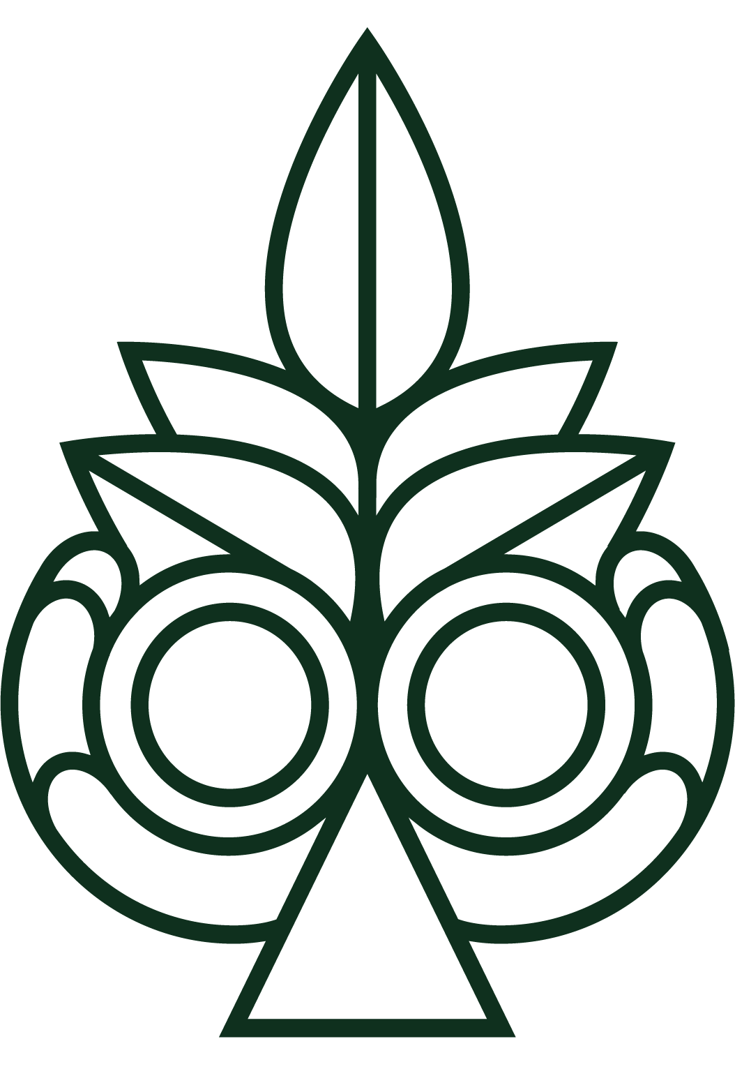 A dark green, symmetrical graphic icon shaped like a stylized plant or face, featuring leaves, circles, and a triangle.