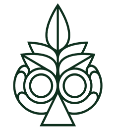 A dark green, symmetrical line-art logo resembling an abstract owl or plant-based totem on a white background.