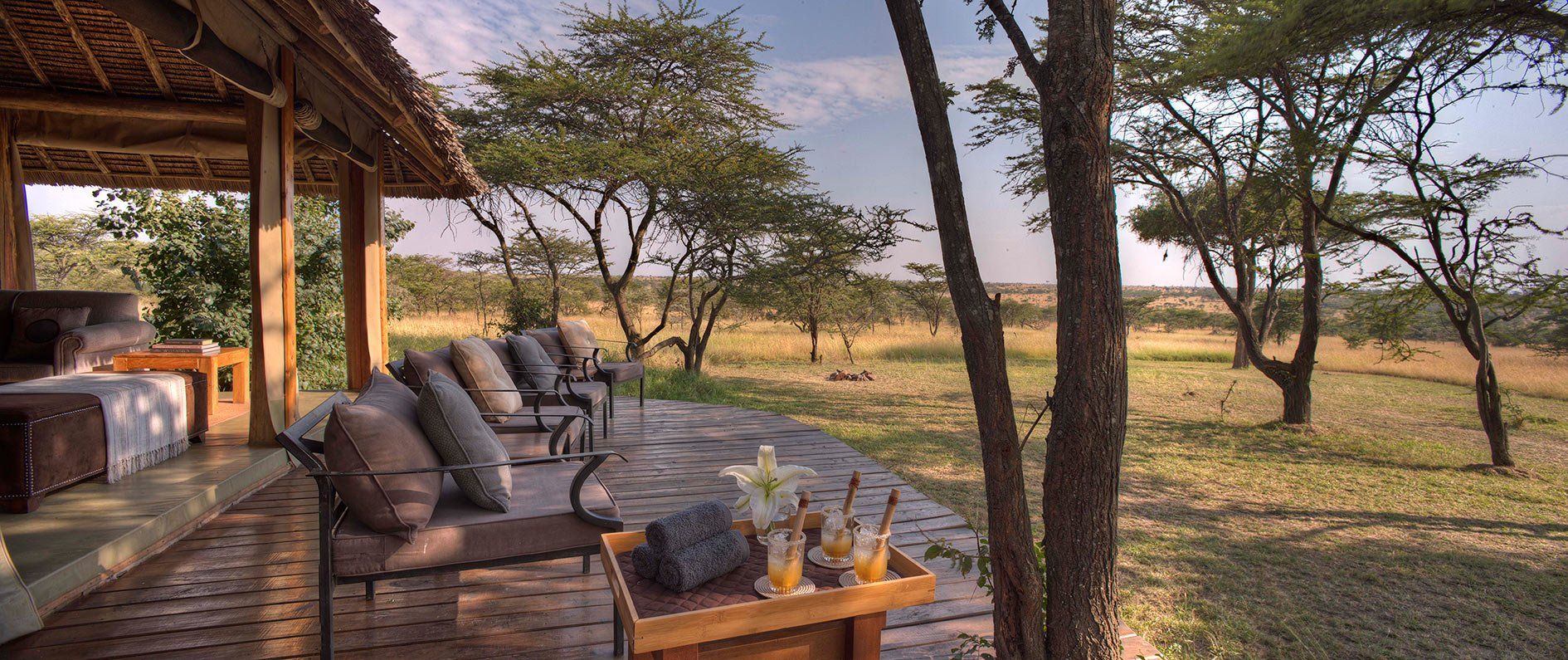 An open-air luxury safari lodge patio with comfortable seating overlooking a grassy savannah with scattered trees.