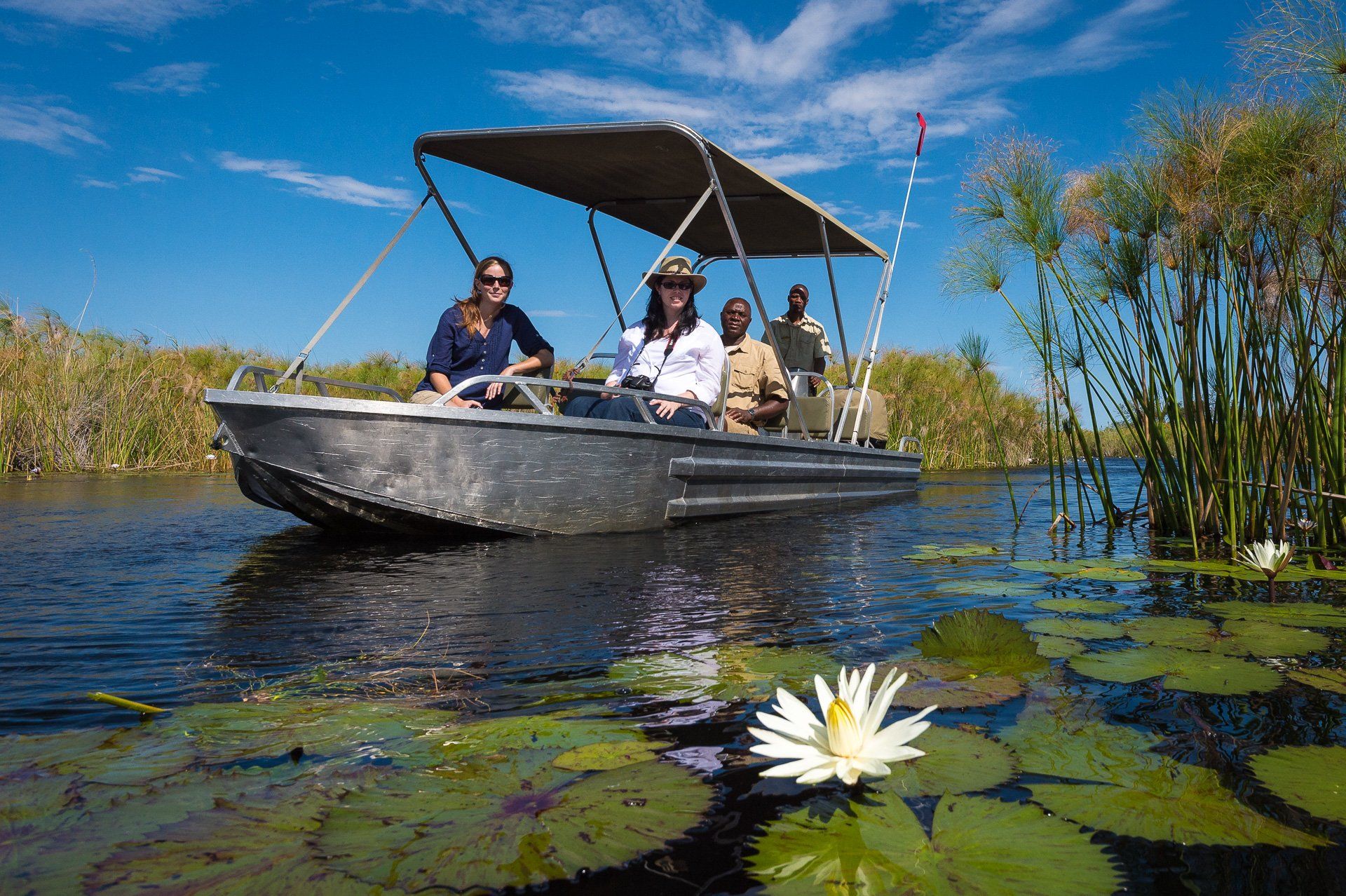 A boat filled with people travels through a lush wetland waterway, past a blooming water lily in the foreground.