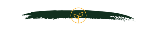 A stylized dark green brushstroke with a gold circle containing a simple line-art seedling centered on it.