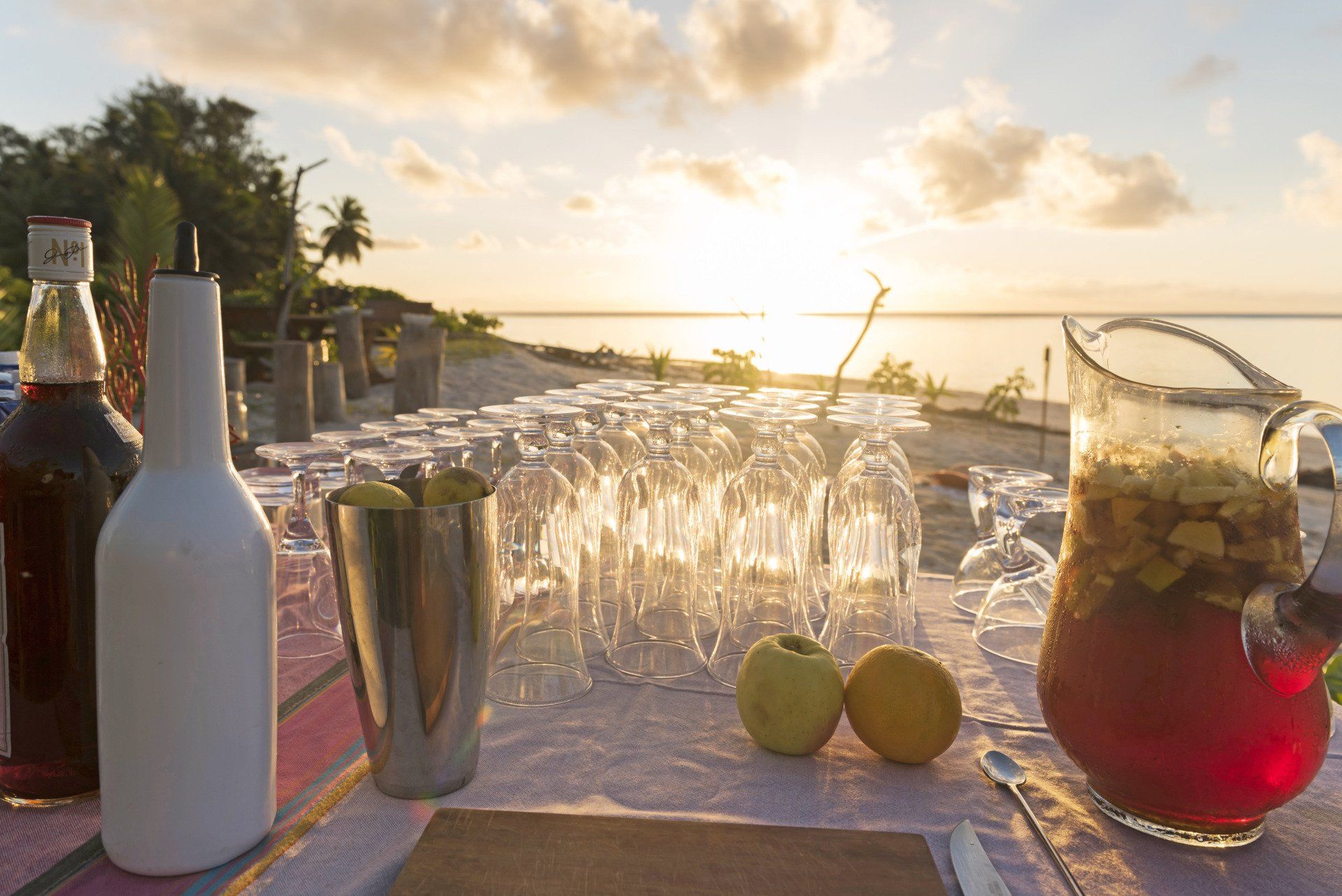 A sunset view over a beach with a table holding glasses, a cocktail shaker, fruit, and a pitcher of red punch.