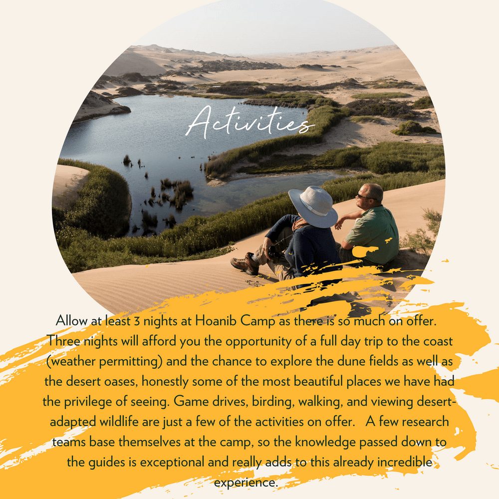 Two people sit on a sandy dune overlooking a desert oasis, with text detailing activities at Hoanib Camp.