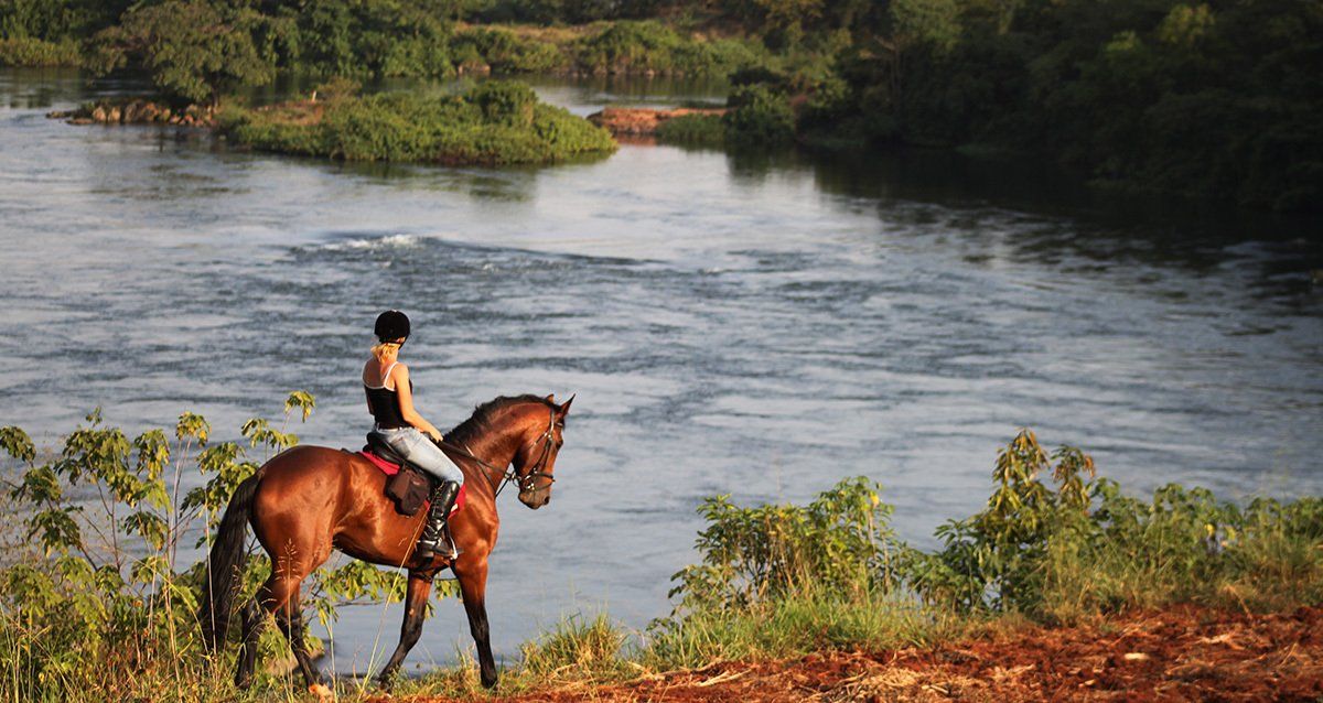 A person on horseback overlooks a wide, flowing river bordered by lush green trees and a red-earth bank.