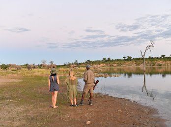 A guide holding a rifle stands with two people at a lake edge, observing the landscape during a safari.