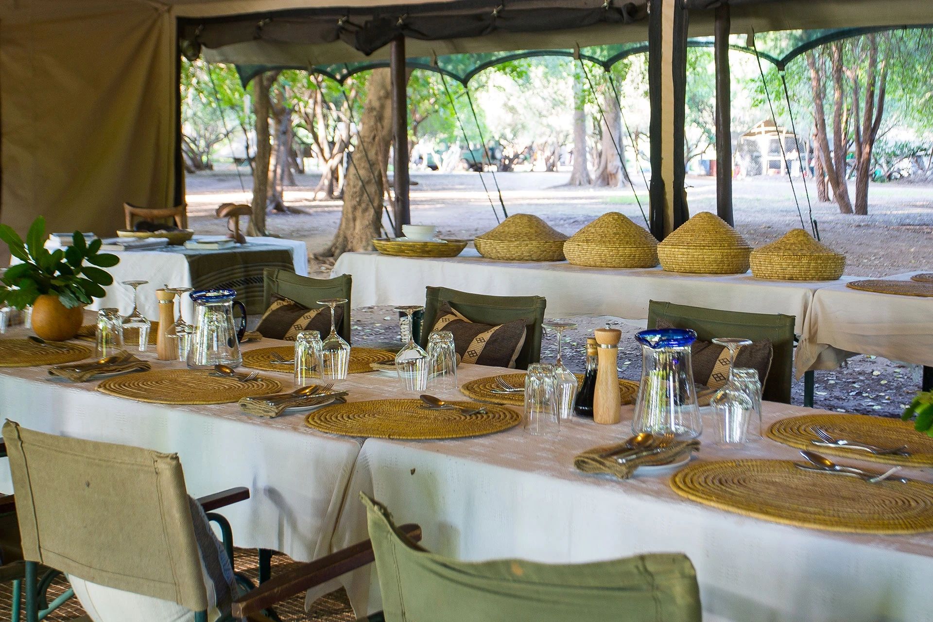 An outdoor dining setup with set tables, wicker placemats, and woven covers, under a tent looking out to a wooded area.