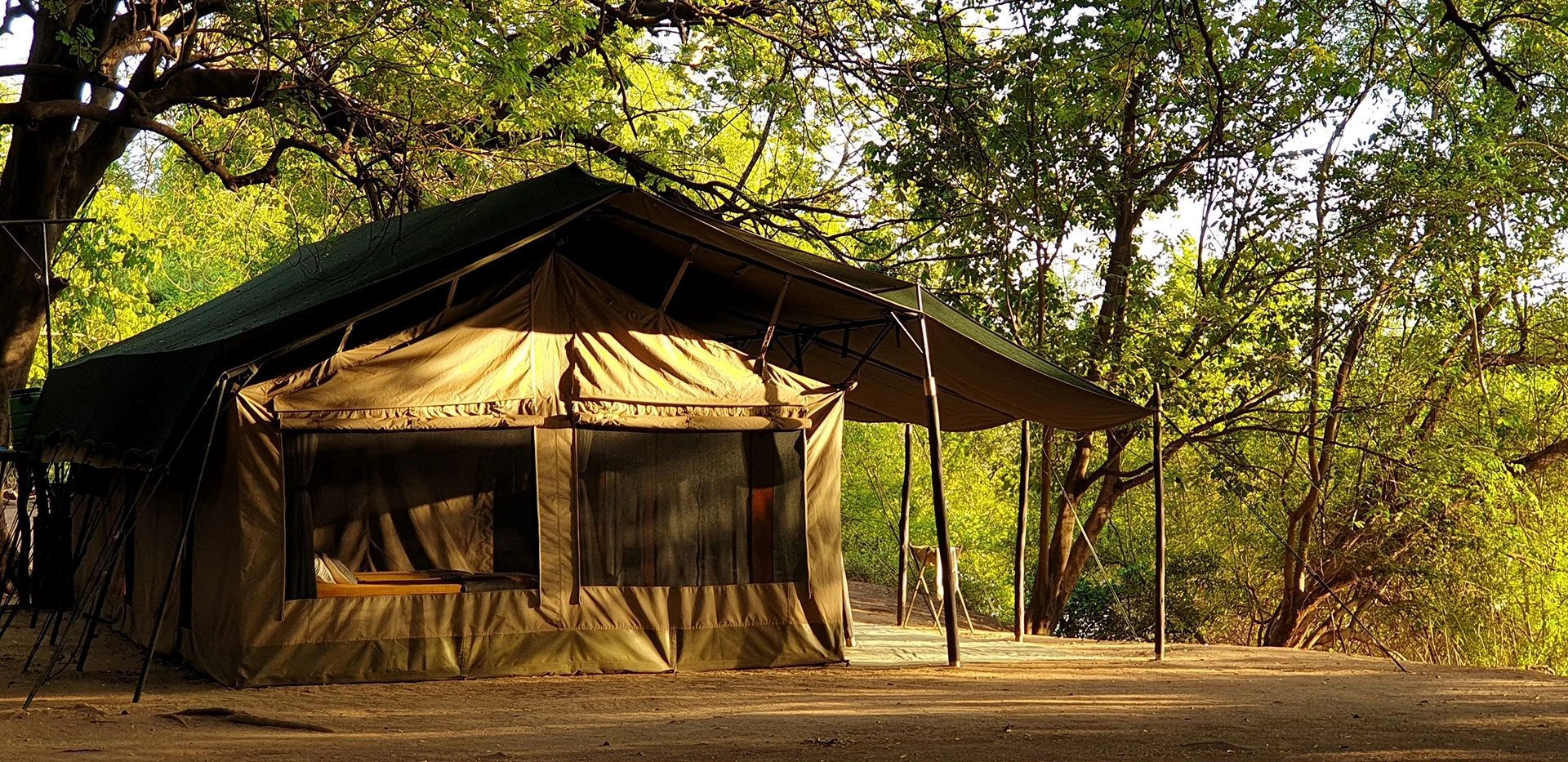 A tan canvas tent sits under the shade of lush green trees in a natural, outdoor setting.