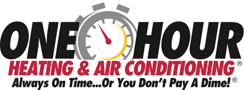 One Hour Heating & Air Conditioning logo with red clock and “Always On Time…Or You Don’t Pay A Dime!” tagline