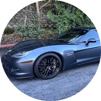 Dark gray sports car parked on a driveway with trees and shrubs in the background | Pro-Tech Autoworks