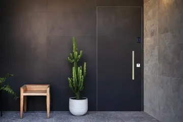 Ingresso minimalista e scuro con porta nera, cactus in vaso e tavolino in legno.