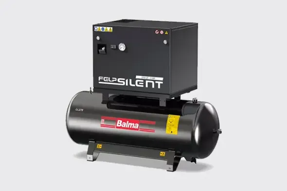 Compressore d'aria industriale nero e rosso con unità motore nera sulla parte superiore, marchiato Falsilent e Balma.
