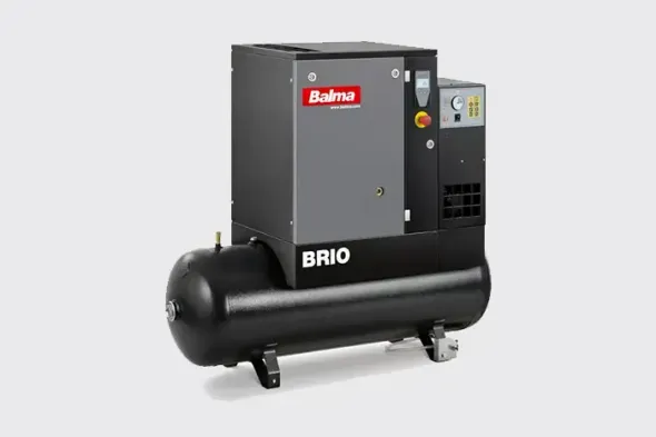 Serbatoio nero per compressore d'aria industriale con unità Baumer grigia e rossa sulla parte superiore.
