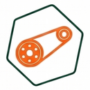 Icona arancione di cinghia e puleggia all'interno di un esagono verde.