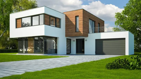 Casa moderna a due piani con esterni bianchi e in legno, ampie finestre e un prato verde.