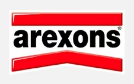 Logo Arexons in testo nero su sfondo bianco, incorniciato da barre rosse sopra e sotto.