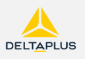Logo Delta Plus con emblema geometrico giallo e testo blu scuro su sfondo bianco.