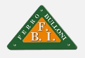 Logo Ferrero BI triangolare verde con lettere dorate e testo bianco su sfondo nero.