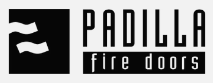 Logo di Padilla Fire Doors con icona e testo in bianco e nero