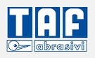 Logo TAF abrasivi in blu e bianco con icona circolare stilizzata e testo in un riquadro