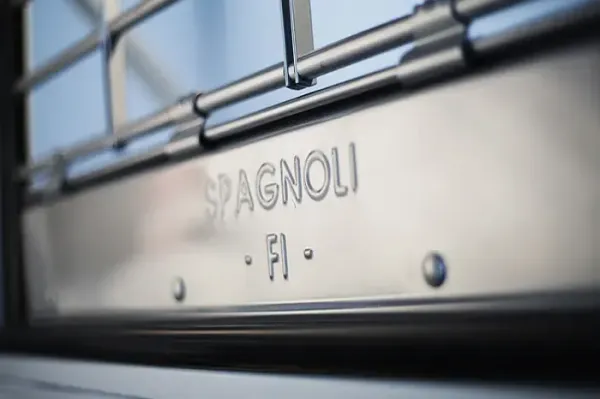 Primo piano del frontale di un elettrodomestico SPAGNOLI in acciaio inox con maniglie cromate e sfondo sfocato della cucina.