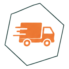 Icona di un camioncino arancione per le consegne all'interno di un esagono con contorno verde su sfondo bianco.