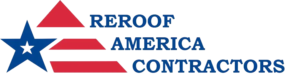 Logo for Reroof America Contractors featuring a blue star, red roof shape, and text.