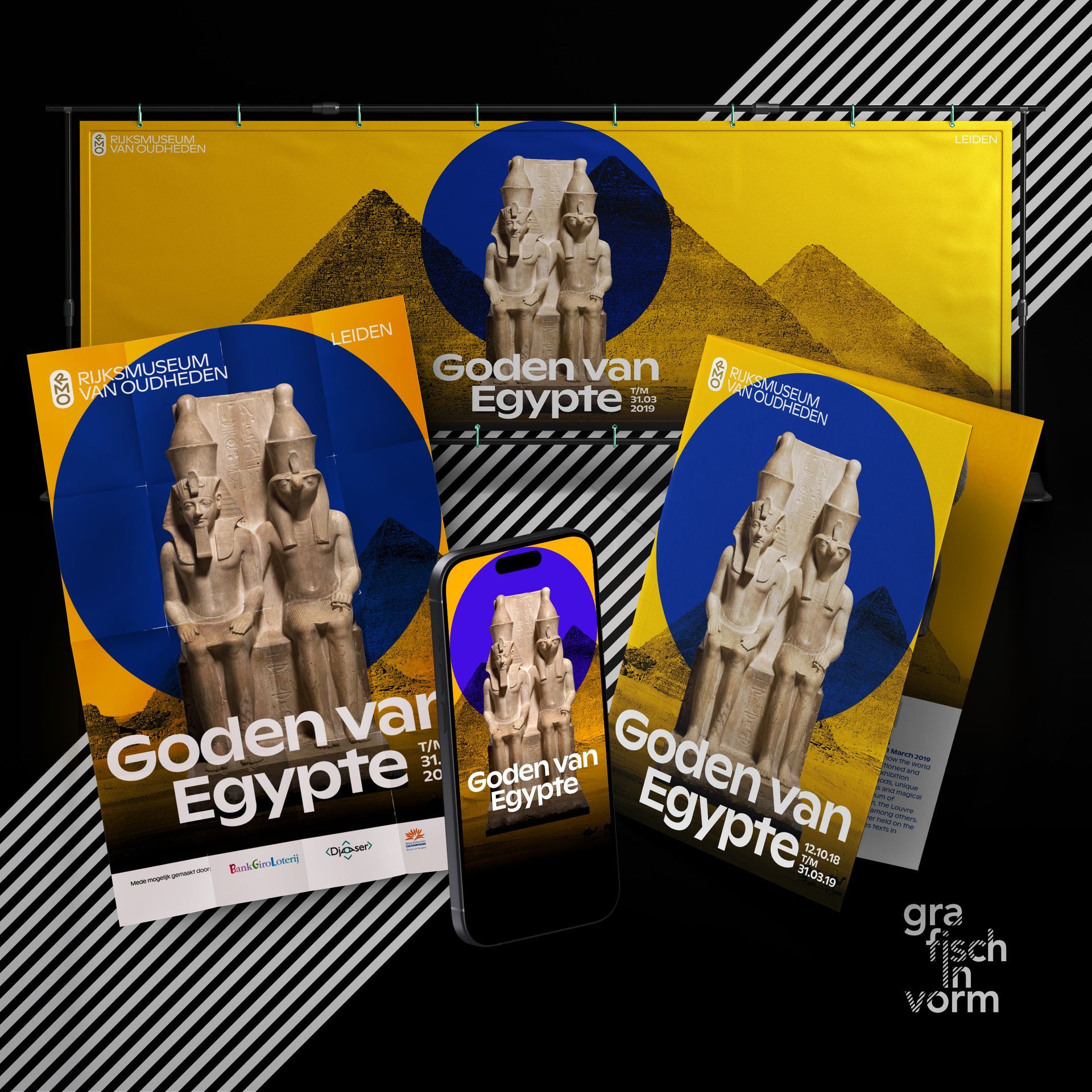 Promotional materials for an Egyptian gods exhibit: Posters, banner, and phone display a statue on a blue circle.