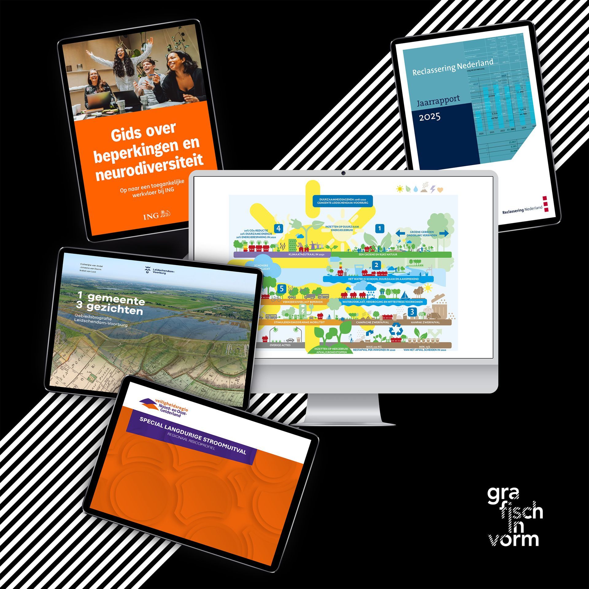 Tablets met grafieken en diagrammen, laptop, zwarte achtergrond met witte diagonale lijnen, tekst: 