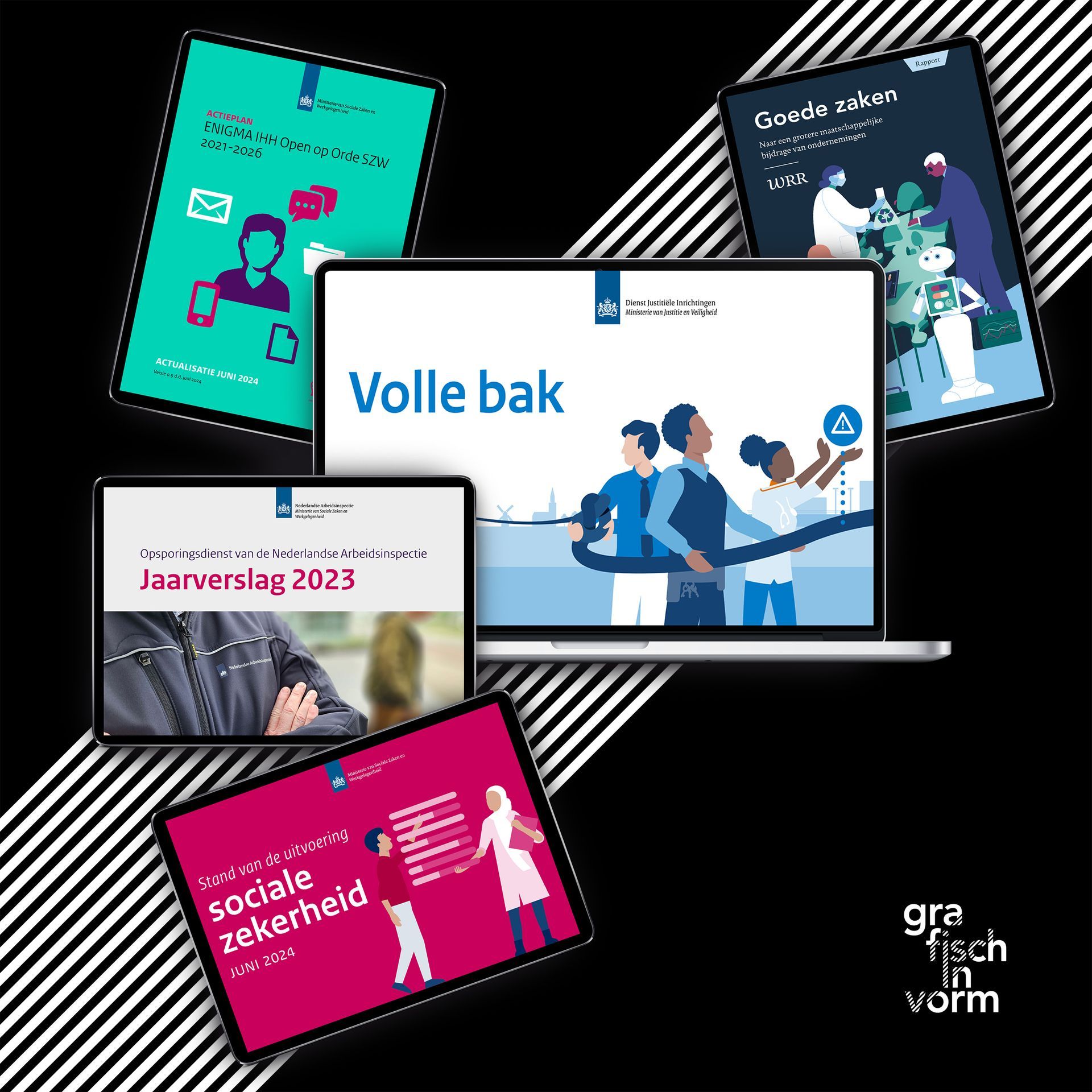 Tablets met grafieken en diagrammen, laptop, zwarte achtergrond met witte diagonale lijnen, tekst: