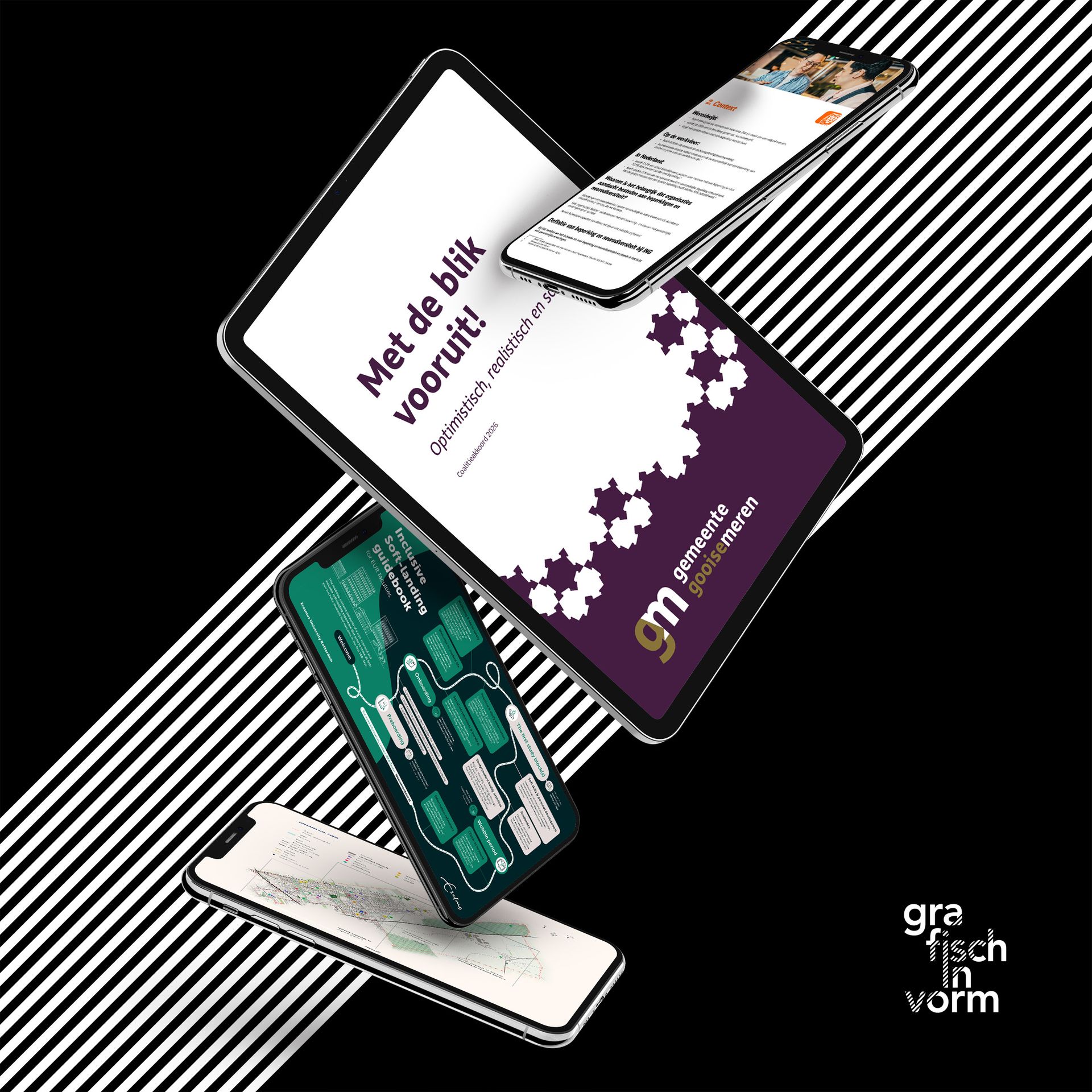 Schermen met een software-interface, met afbeeldingen en gegevens, tegen een zwarte achtergrond. Logo 