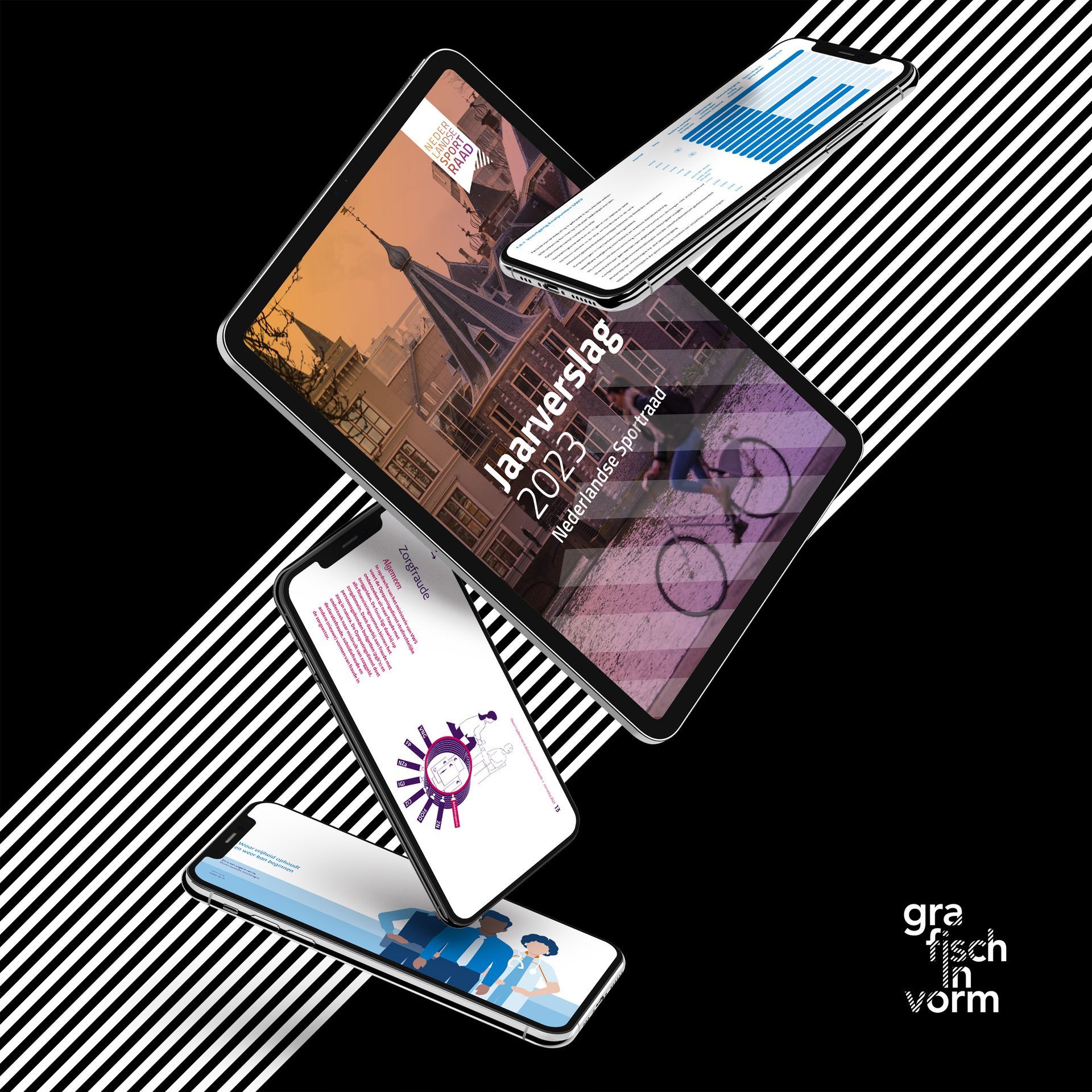 Schermen met een software-interface, met afbeeldingen en gegevens, tegen een zwarte achtergrond. Logo