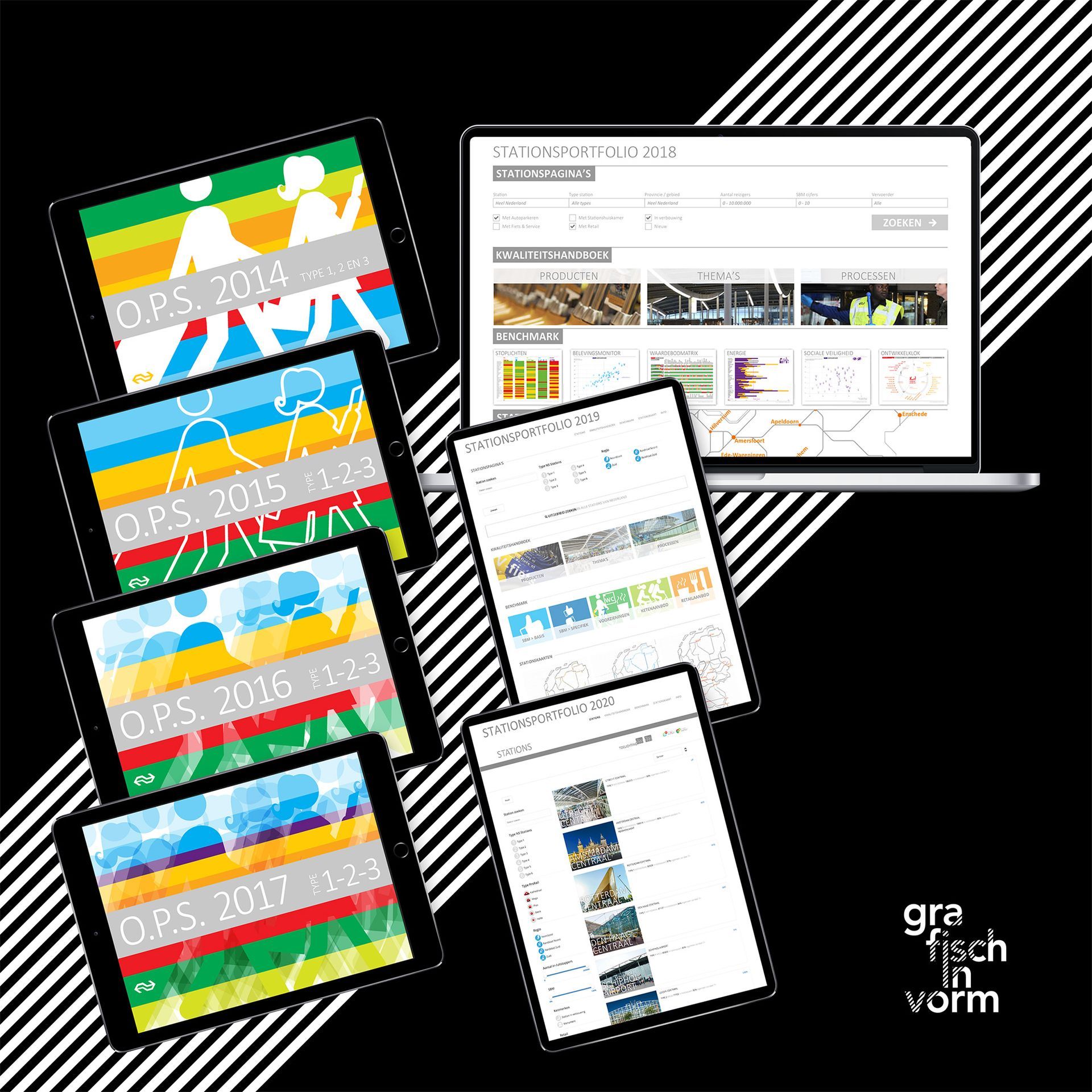 Tablets met datavisualisaties, naast een laptop met een website. Alles op een zwarte achtergrond met diagonale witte strepen.