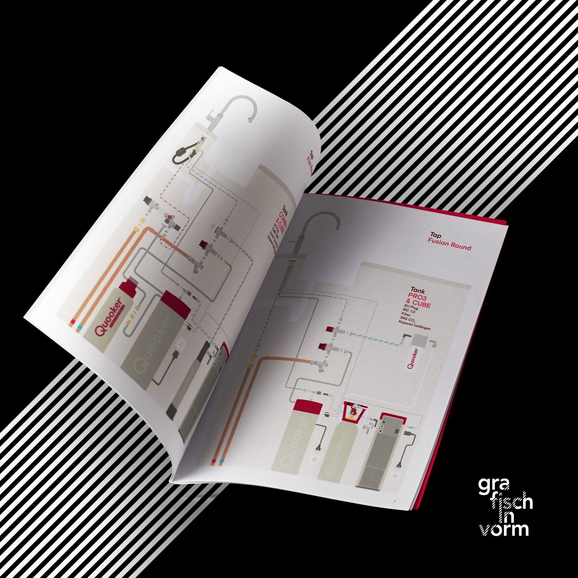Open boekje met diagrammen en rode accenten, tegen een diagonaal gestreepte achtergrond.